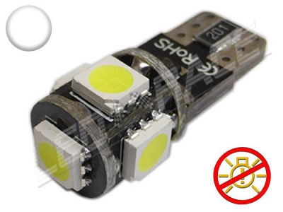 Ampoule Led T10 - culot W5W - 5 leds smd 5050 - sans erreur ODB - Blanc 6000K - Non polarisée -12V