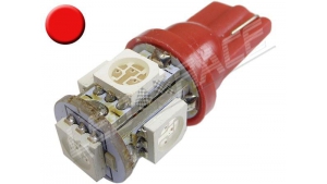 Ampoule Led T10 - culot W5W - 5 leds smd 5050 - Rouge